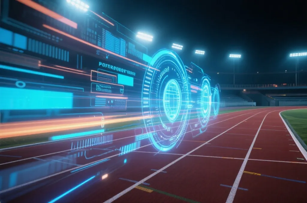 A professional athletic track with abstract digital data overlays, representing speed, high performance, and security, cinematic lighting
