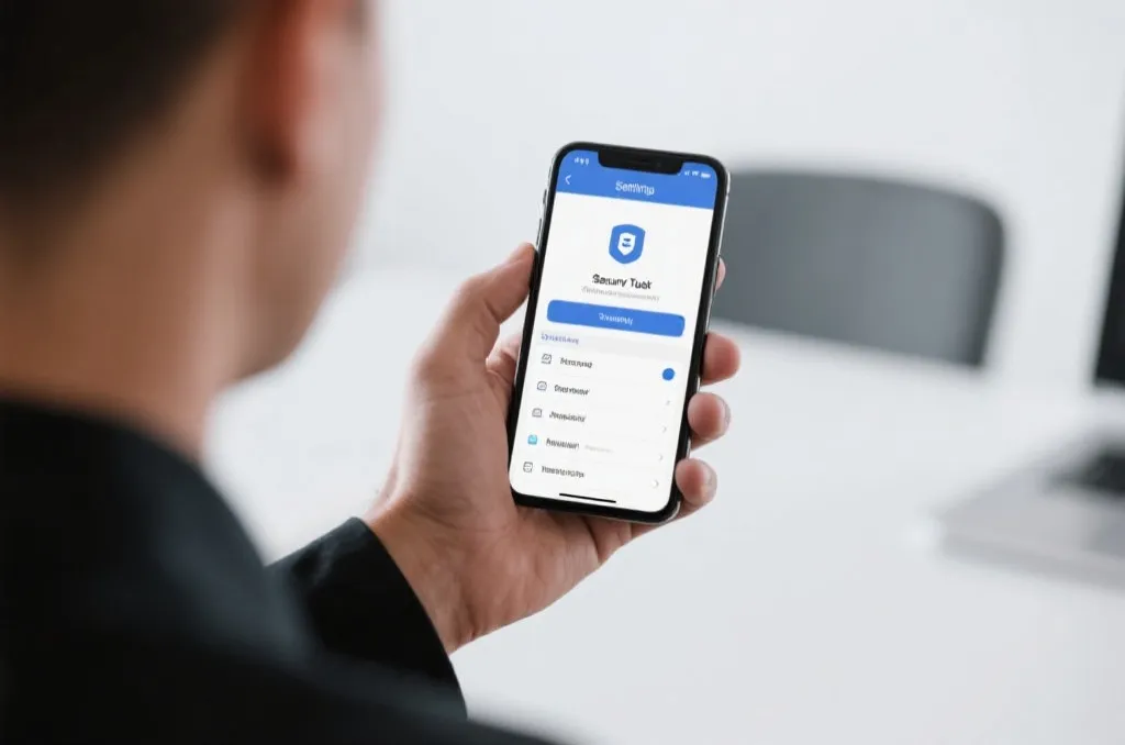A user holding an iPhone showing a settings menu interface with a security trust option, minimalist office setting